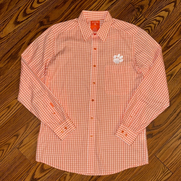 Clemson Shirt Tiger Embroidered Logo Gingham Check Button Down Long Sleeve - Picture 2 of 5